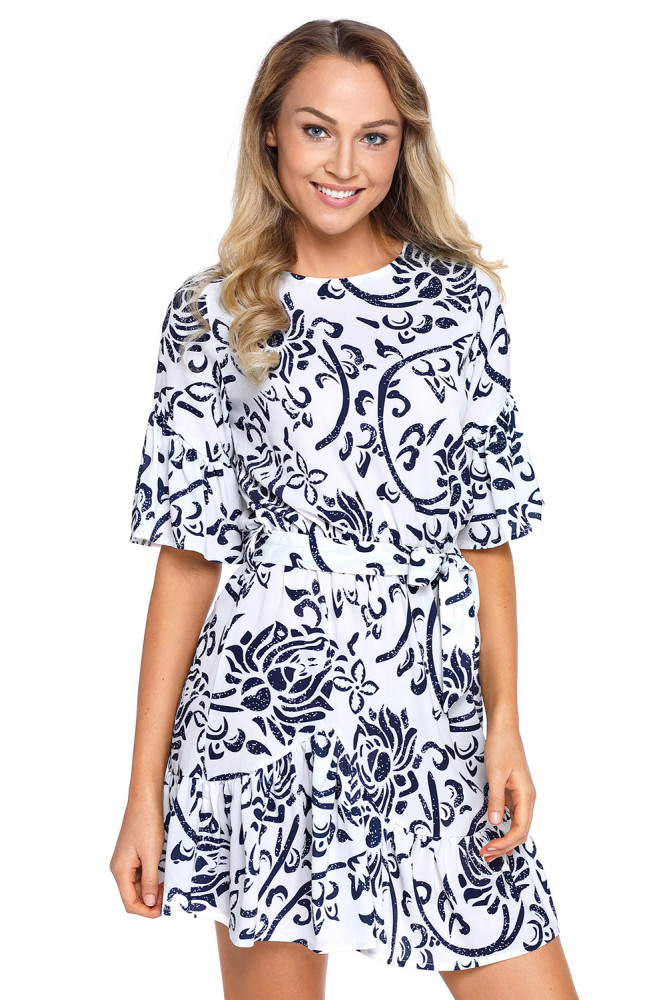 Blue Floral Pattern Ruffle Hem Chiffon Dress