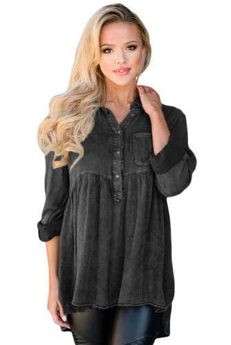 Mineral Washed Button-up Babydoll Ruffle Top in Black