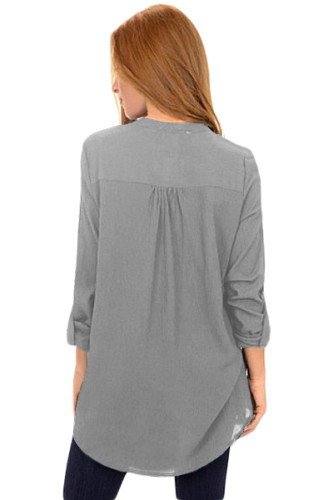 Grey Asymmetric Hemline Roll Tab Sleeve Blouse