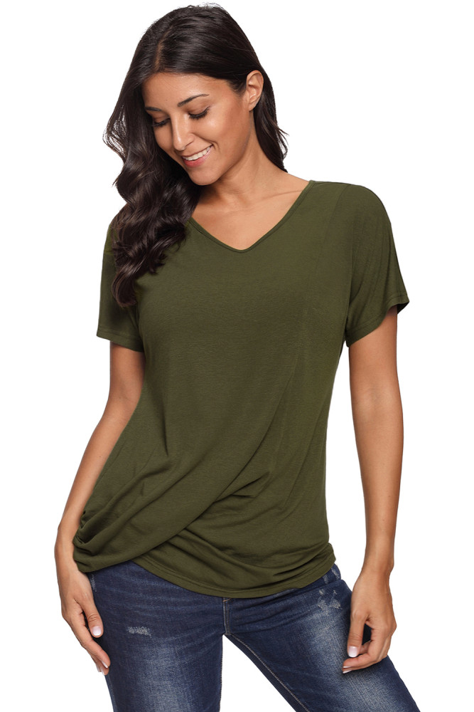 Olive V-Neck Twist Ruched Basic Short Sleeve Tee