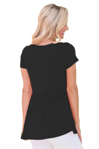 Black Lace Pocket Patch Babydoll Blouse Top