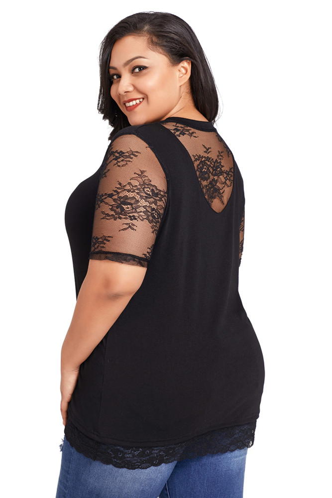Floral Lace Splice Short Sleeve Plus Size Top