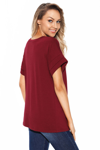 Burgundy Simple Fashion Pocket T-shirt