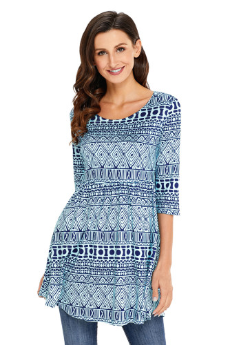 Tribal Geometric Print Blue Elegant Long Top