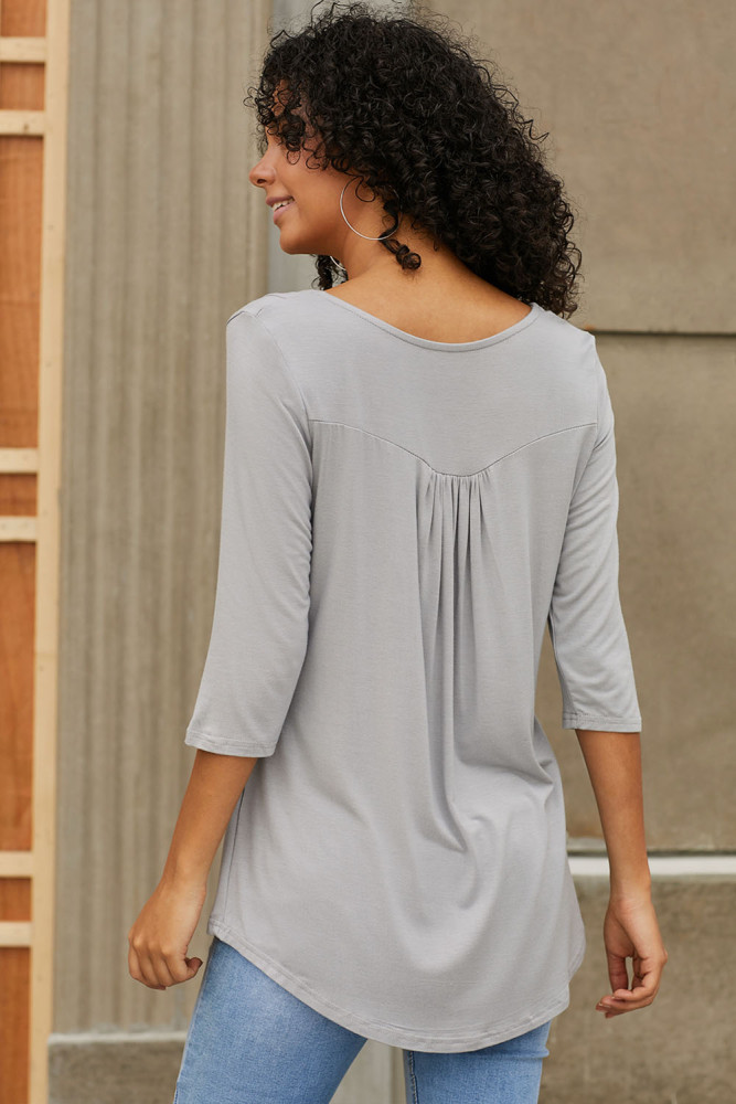 Grey 3/4 Sleeve Button Detail Pleated Tunic