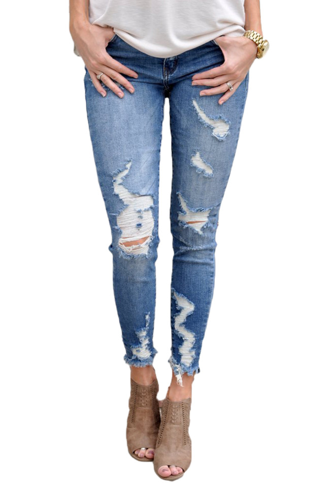 Faded Medium Blue Wash Distressed Jeans