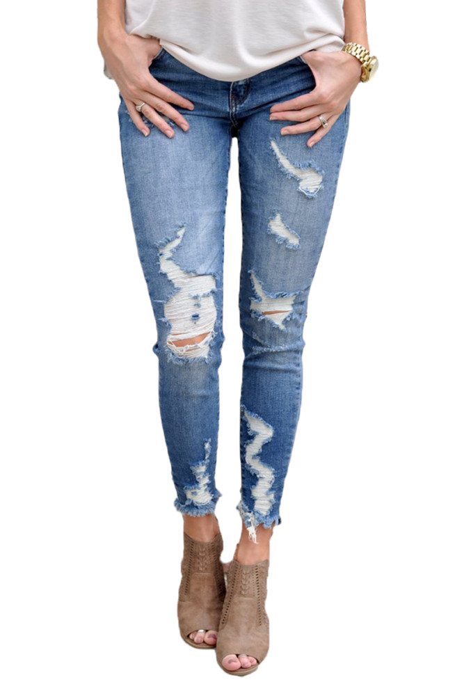 Faded Medium Blue Wash Distressed Jeans