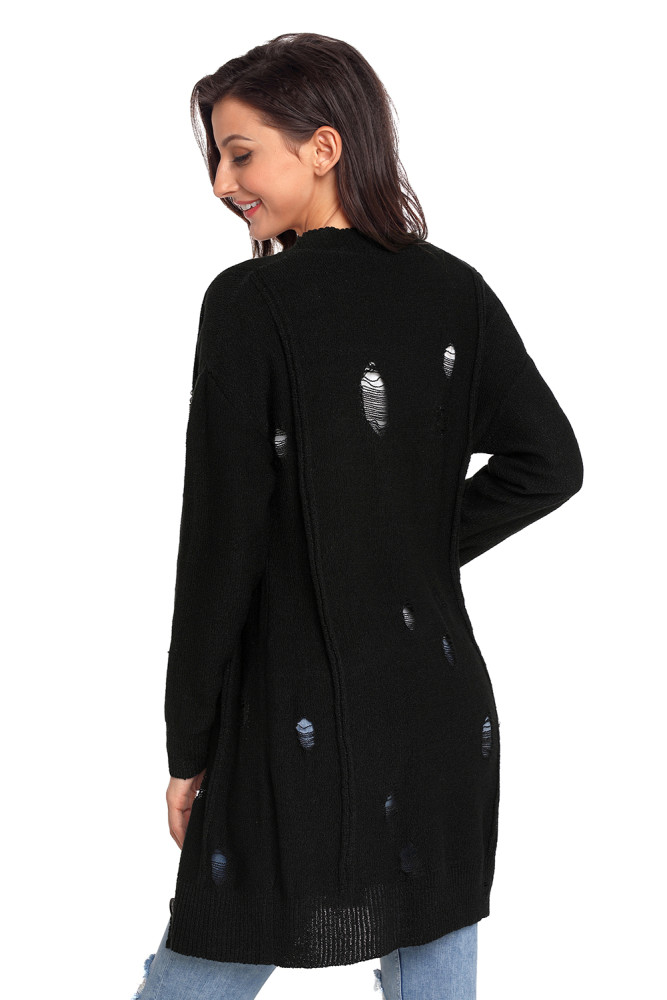 Black Distressed Button Cardigan