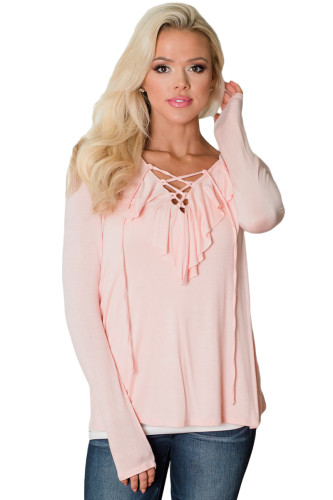 Pink Ruffle Criss Cross Neck Top