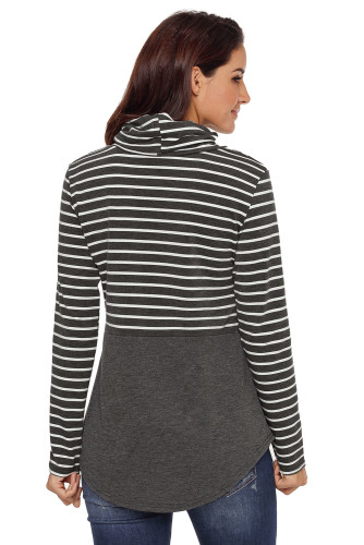 Grey Striped Colorblock Drawstring Cowl Neck Sweatshirt