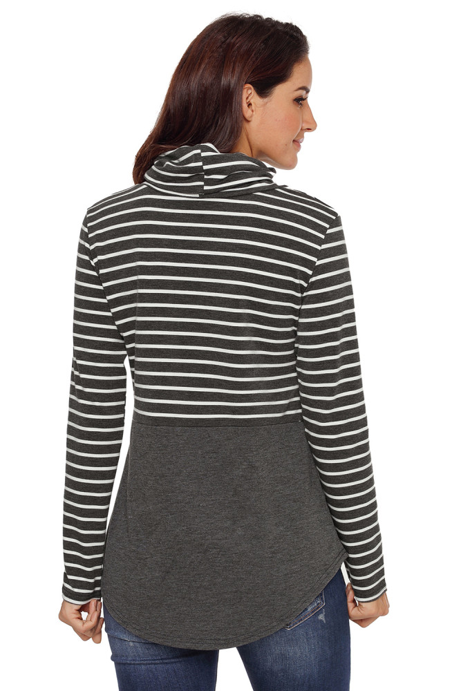 Grey Striped Colorblock Drawstring Cowl Neck Sweatshirt