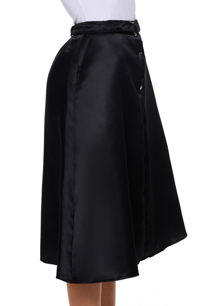 Elegant Retro Style Buttons Front Flared Midi Skirt in Black