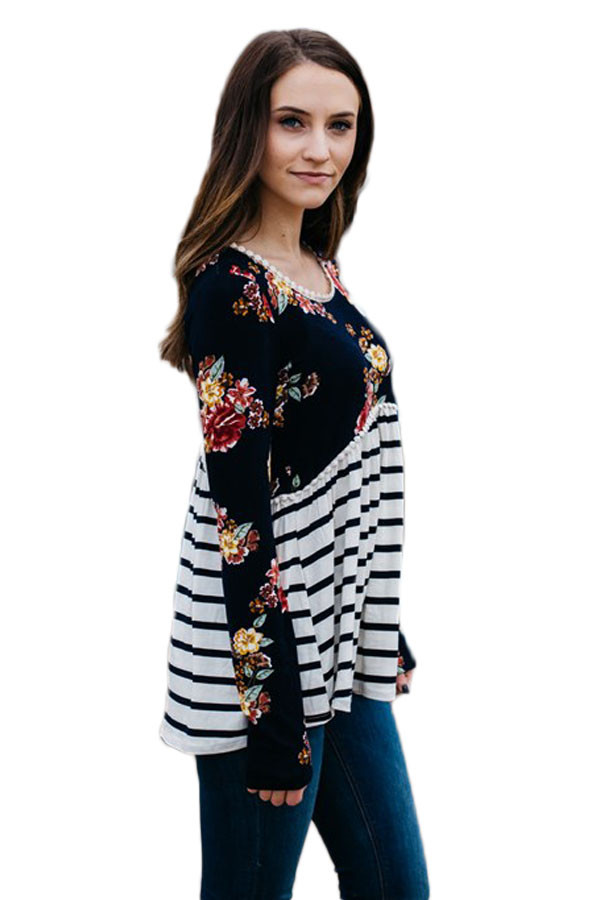 Black Floral Striped Babydoll Tunic