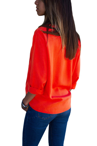 Red Turndown Collar Asymmetric Button Down Blouse