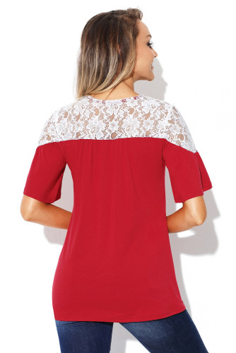 White Lace Splice Burgundy Short Sleeve Blouse