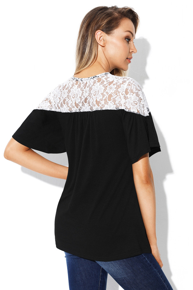 White Lace Splice Black Short Sleeve Blouse
