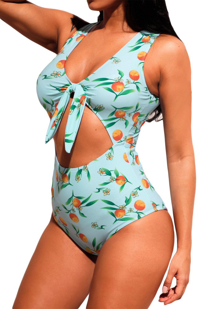 Lemon Print Tie Front Cut Out One-piece Swimsuit