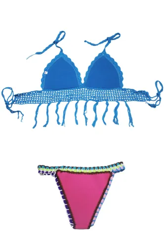 Blue Crochet Bikini Top Rosy Neoprene Bottom
