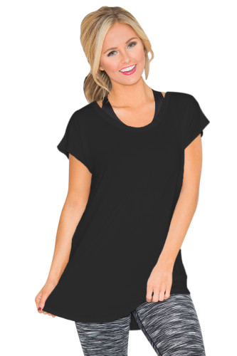 Black Geometric Hollow-outs Back Cap Sleeves Blouse