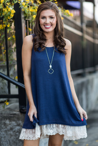 White Lace Hemline Splice Navy Mini Tank Dress