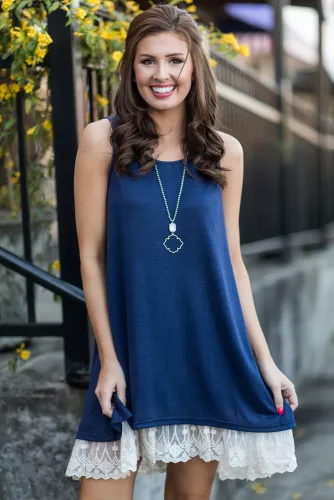 White Lace Hemline Splice Navy Mini Tank Dress