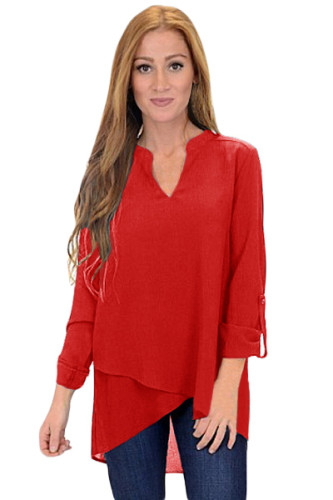 Wine Asymmetric Hemline Roll Tab Sleeve Blouse