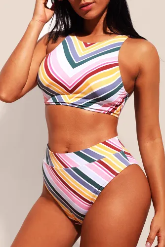 Candy Color Striped Tank High Waist Bikini