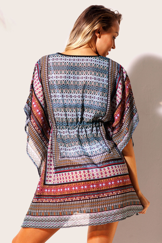 Blue Multicolor Bohemian Print Caftan Cover-up