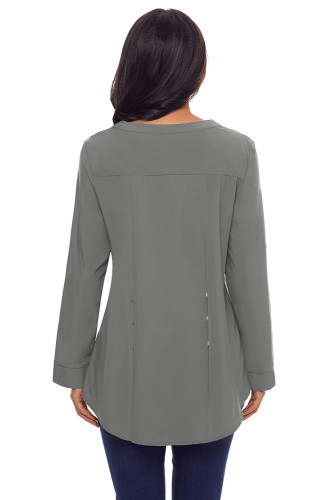 Gray Lace Panel Split Neck Roll Tab Sleeve Blouse