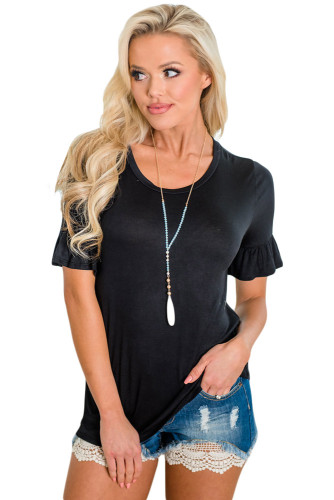 Black Adorable Casual Ruffle Short Sleeve Top