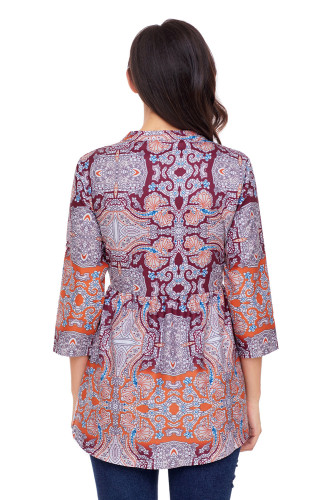 Orange and Purplish Print Chiffon Button-Down Pin Tuck Tunic