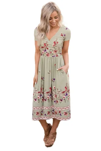 Sage Green Floral Print Faux Wrap Midi Dress