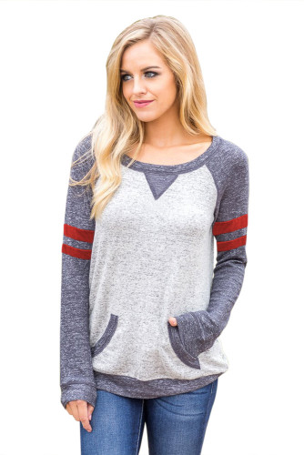Contrast Stripes Gray Sleeves Womens Sweatshirt