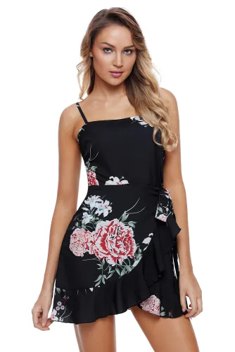 Ruffle Wrap Hemline Black Floral Sundress
