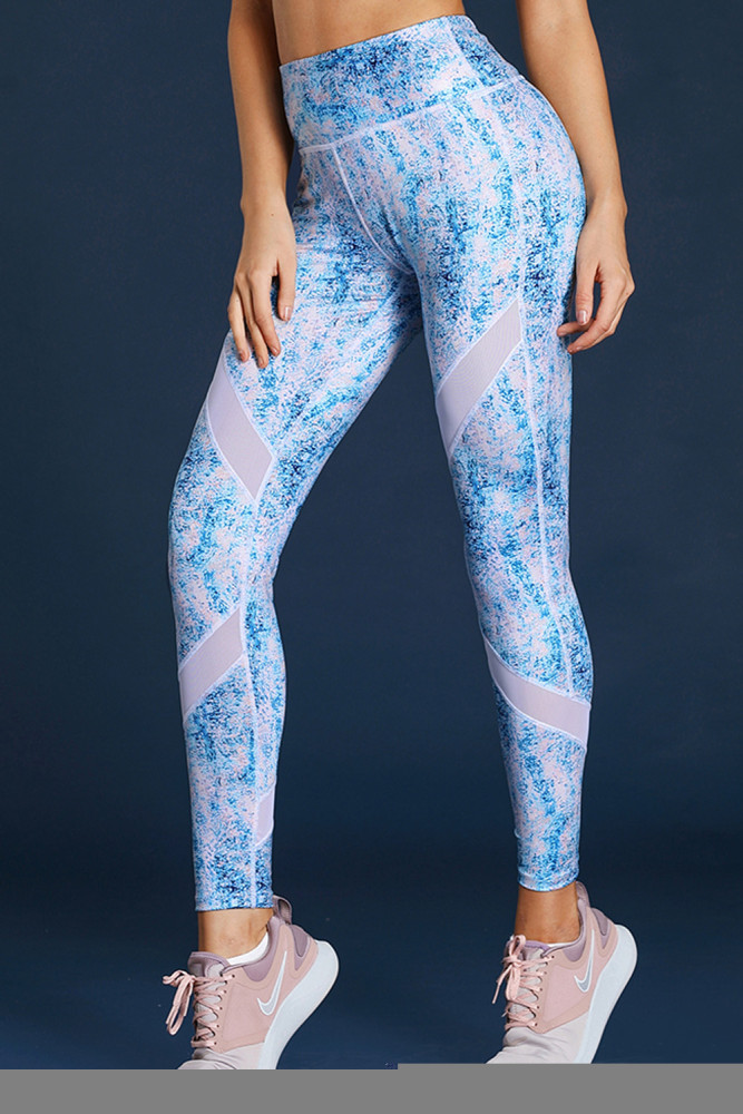 Blue Scrawl Print Women High Waist Sport Leggings