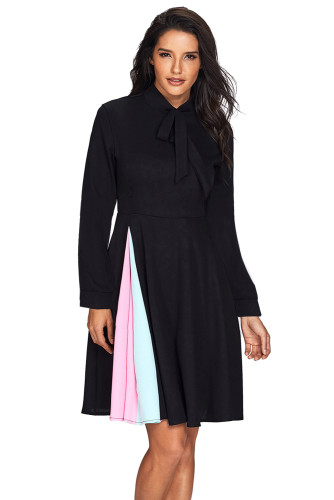 Patchwork Tie Neck Long Sleeve Black Flared Dress