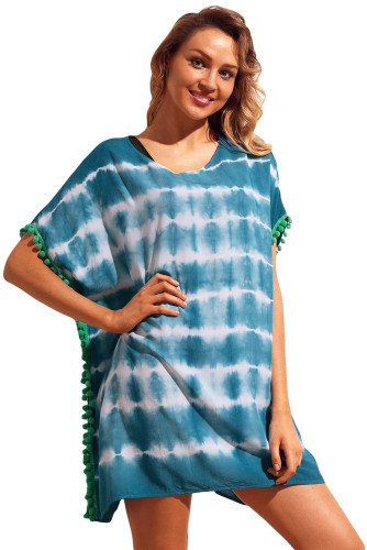 Slate Blue Pom Pom Trim Tie Dye Print Beach Cover Up