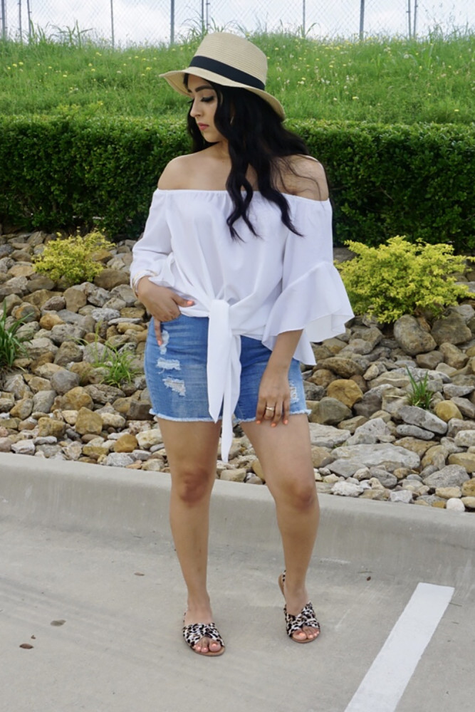 White Off The Shoulder Knot Front Top