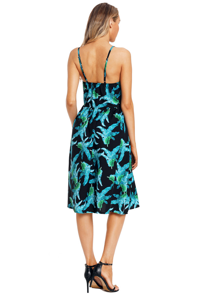 Green Leaf Print Black Button Down Sundress