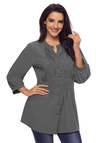 Gray Lace and Pleated Detail Button up Blouse