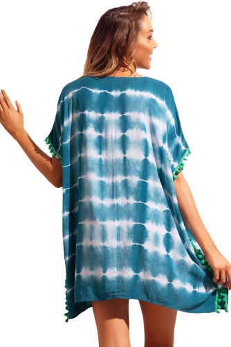 Slate Blue Pom Pom Trim Tie Dye Print Beach Cover Up