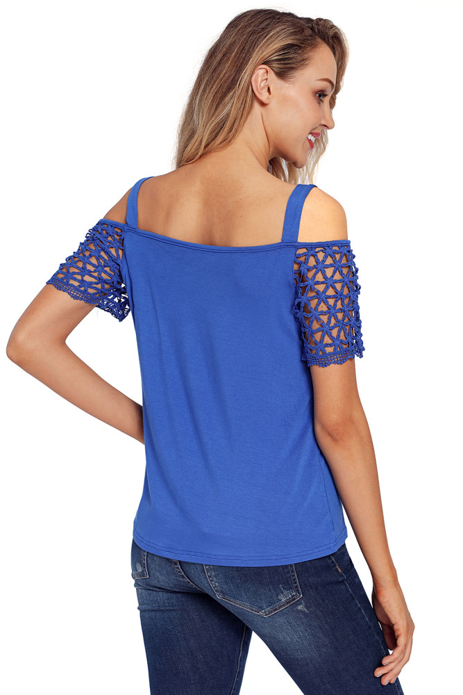Royal Blue Floral Crochet Short Sleeve Cold Shoulder Top