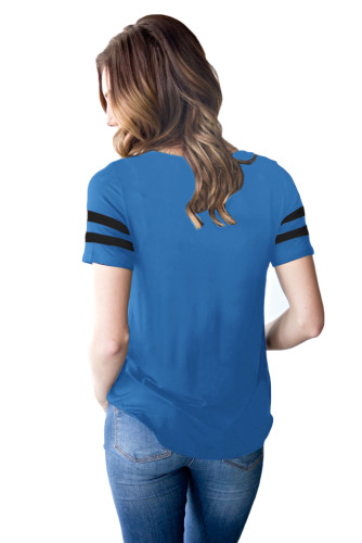 Varsity Striped Short Sleeve Royal Blue V Neck T-shirt