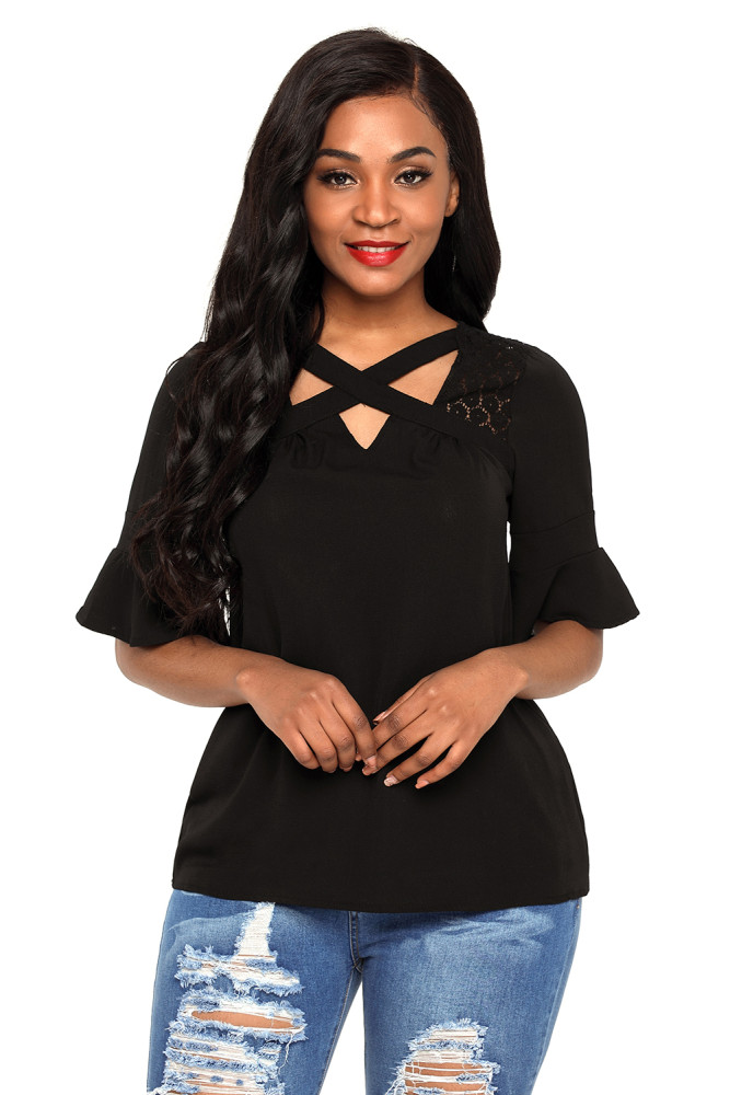 Black Crisscross Neck Lace Insert Bell Sleeve Top