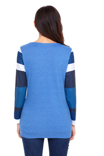 Multicolor Stripes Sleeve Pullover Blue Sweatshirt