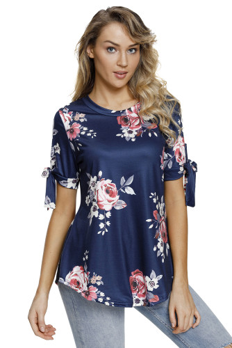 Navy Floral Print Tie Detail Short Sleeve Blouse
