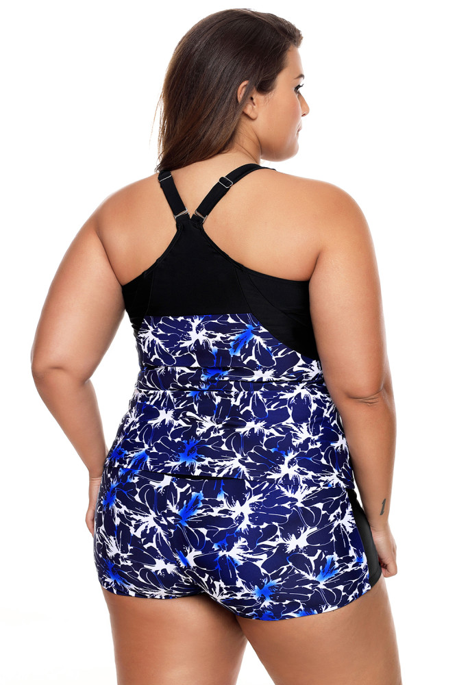 Blue Round Neck Flower Print Tankini Bathing Suit