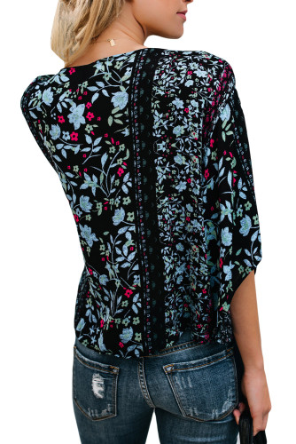 Black Flowery Print Tie Front Kimono Sleeve Blouse