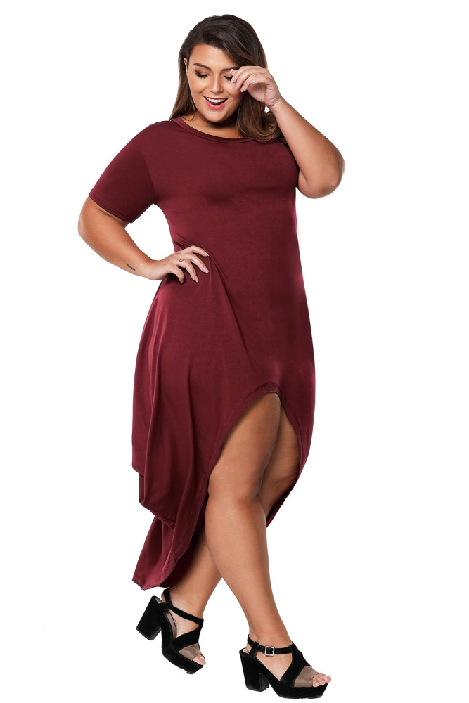 Burgundy Plus Size Hi-Lo Slit Jersey Knit Maxi Dress