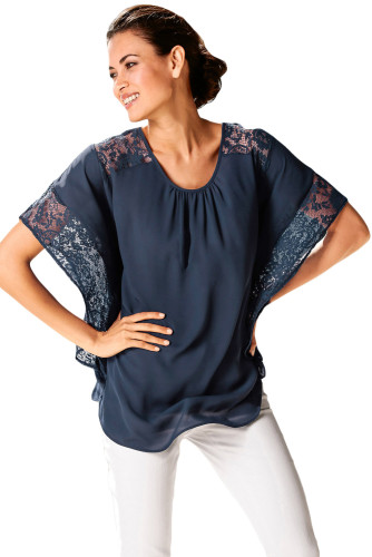 Navy Lace Splice Batwing Sleeve Chiffon Blouse